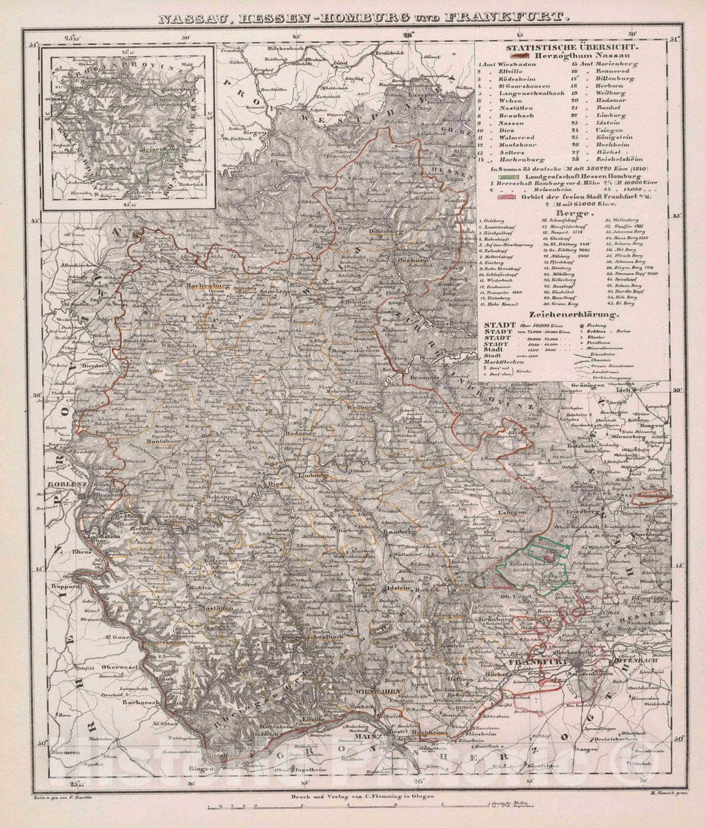 Historic Map : Hessen-Nassau , Germany Nassau, Hessen - Homburg und Frankfurt, 1847 Atlas , Vintage Wall Art