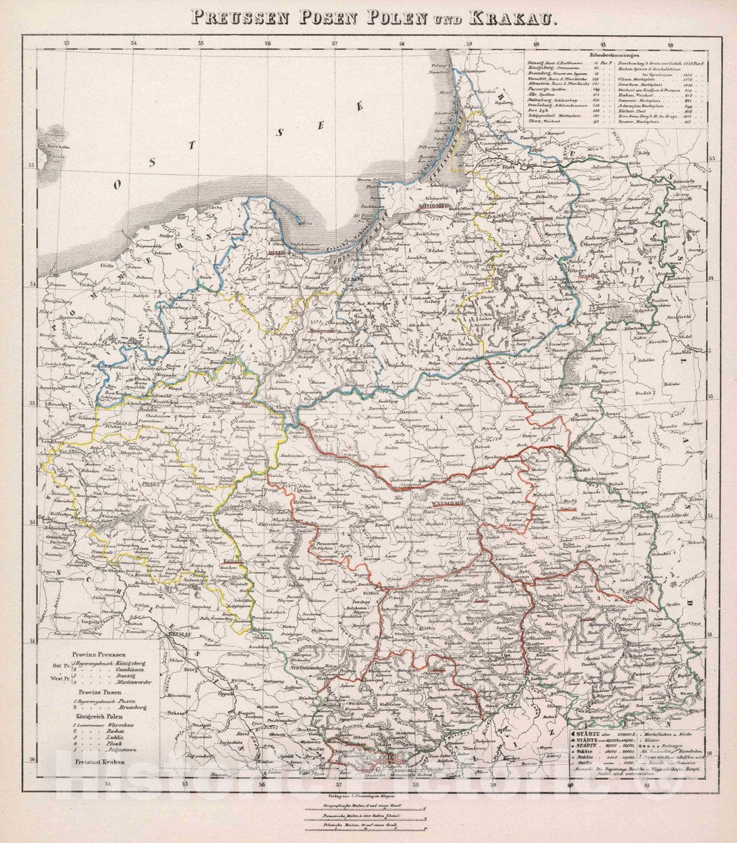 Historic Map : Poland, Prussia Preussen Posen Polen und Krakau, 1847 Atlas , Vintage Wall Art