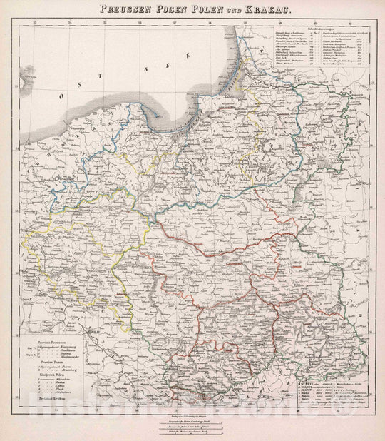 Historic Map : Poland, Prussia Preussen Posen Polen und Krakau, 1847 Atlas , Vintage Wall Art