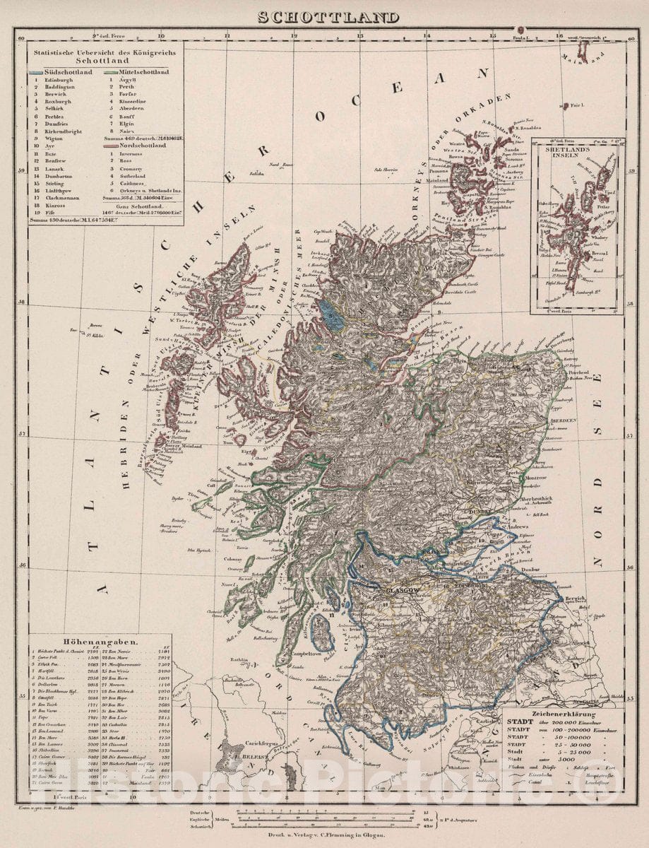 Historic Wall Map : Scotland, Schottland, 1847 Atlas , Vintage Wall Art