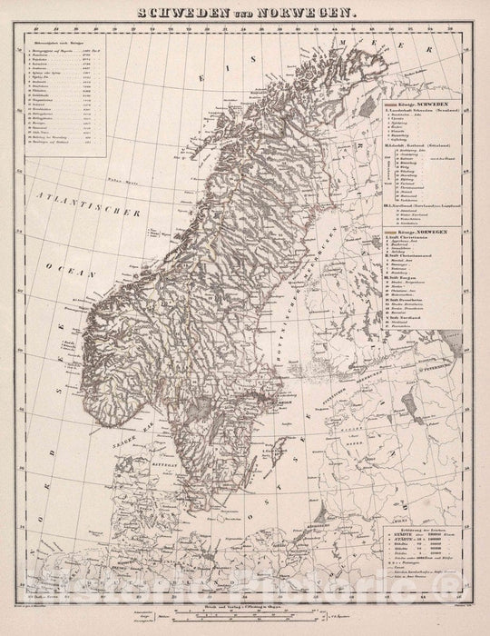 Historic Map : Sweden, Scandinavia Schweden und Norwegen, 1847 Atlas v2 , Vintage Wall Art