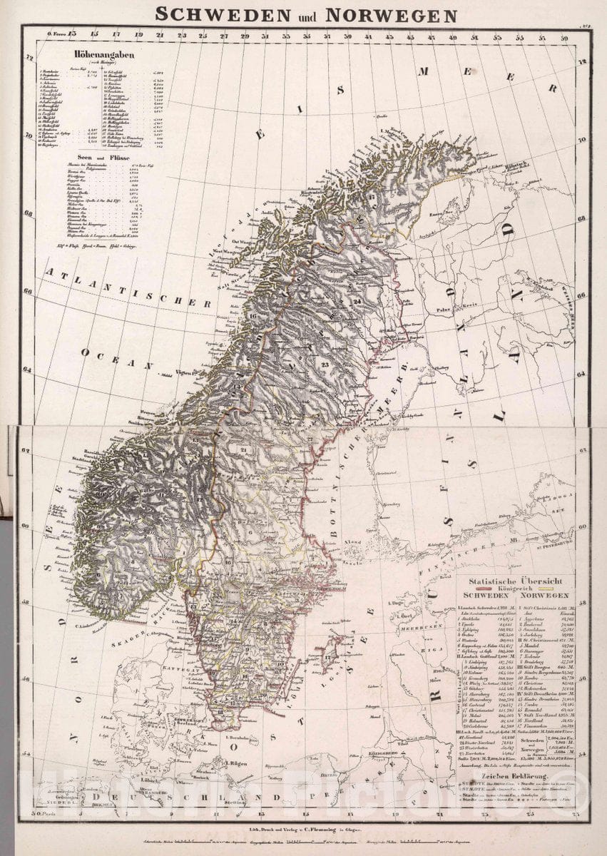 Historic Map : Sweden, Scandinavia Schweden und Norwegen, 1847 Atlas v1 , Vintage Wall Art