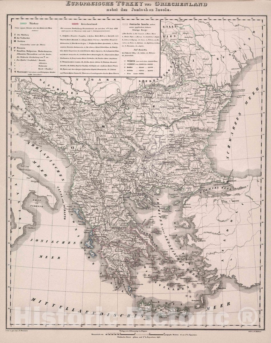 Historic Map : Greece, Balkans Europaeische Tuerkey und Griechenland, 1847 Atlas , Vintage Wall Art