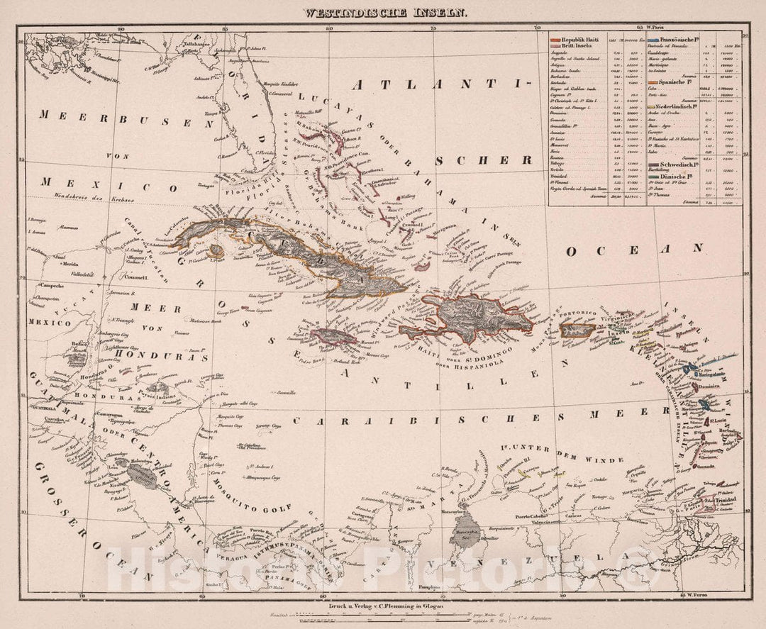 Historic Map : Caribbean, West Indies Westindische Inseln, 1847 Atlas , Vintage Wall Art