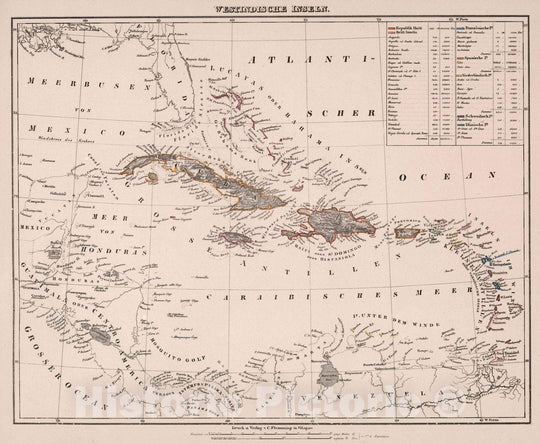 Historic Map : Caribbean, West Indies Westindische Inseln, 1847 Atlas , Vintage Wall Art