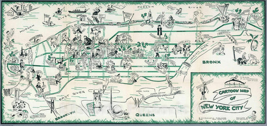 Historic Map - 1938 Guide Book - Cartoon Map of New York City. J.J. Augustin, Publisher. 1938. New York City. Designed by H.E. Salloch. - Vintage Wall Art