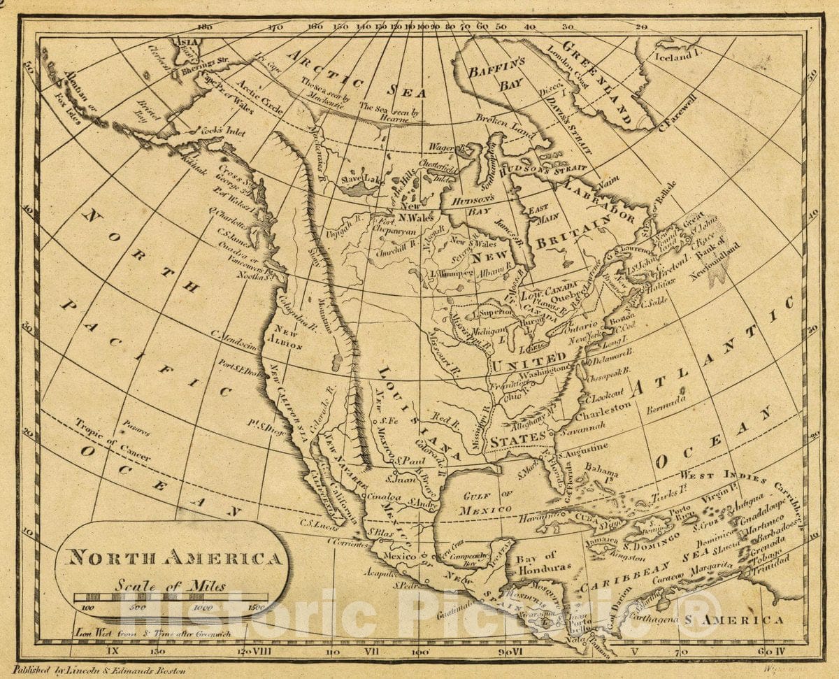 Historic Map : North America. Published by Lincoln & Edmands, Boston, (1819), 1819 Atlas - Vintage Wall Art