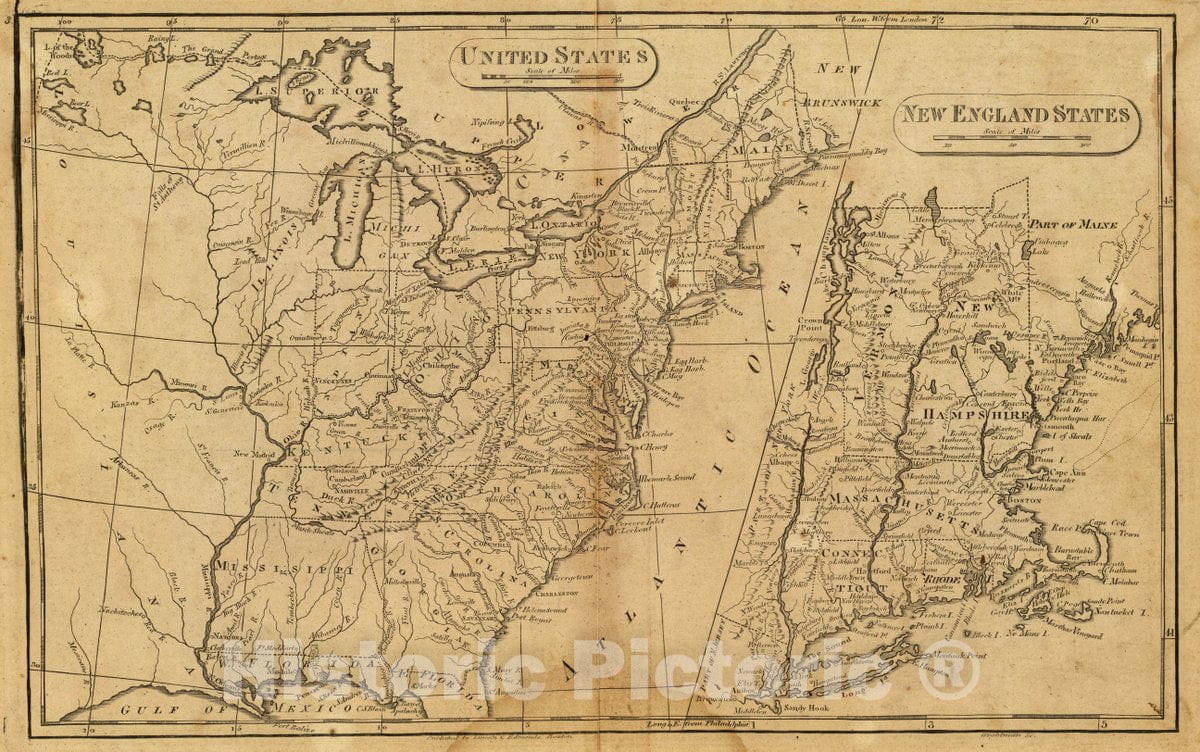 Historic Map : 1819 School Atlas - United States. (with) New England States. Wightman Sc. Published by Lincoln & Edmands, Boston, (1819) - Vintage Wall Art