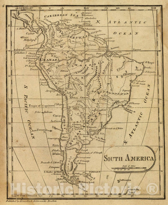 Historic Map : South America. Published by Lincoln & Edmands, Boston, (1819), 1819 Atlas - Vintage Wall Art