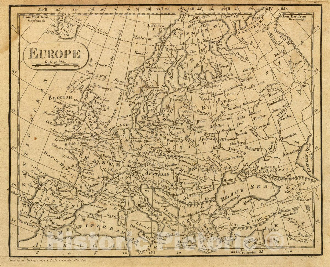 Historic Map : Europe. Published by Lincoln & Edmands, Boston, (1819), 1819 Atlas - Vintage Wall Art