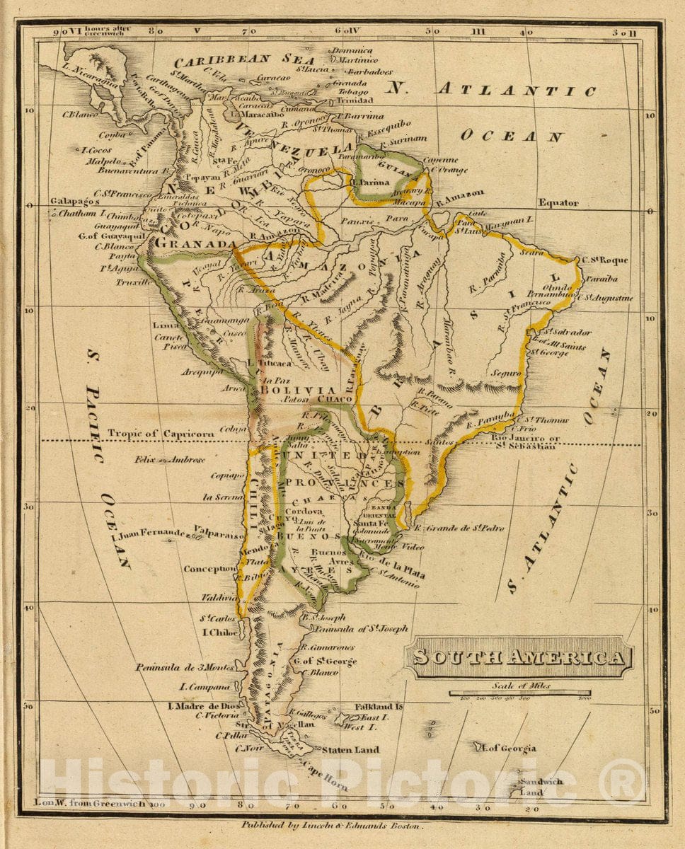 Historic Map : South America. Published by Lincoln & Edmands, Boston. (1832), 1832 Atlas - Vintage Wall Art