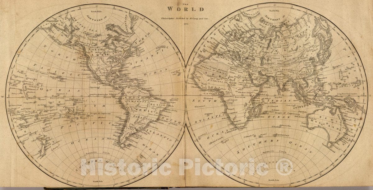 Historic Map : 1825 School Atlas - The World. Philadelphia: Published by M. Carey and Son. 1820. (1825) - Vintage Wall Art