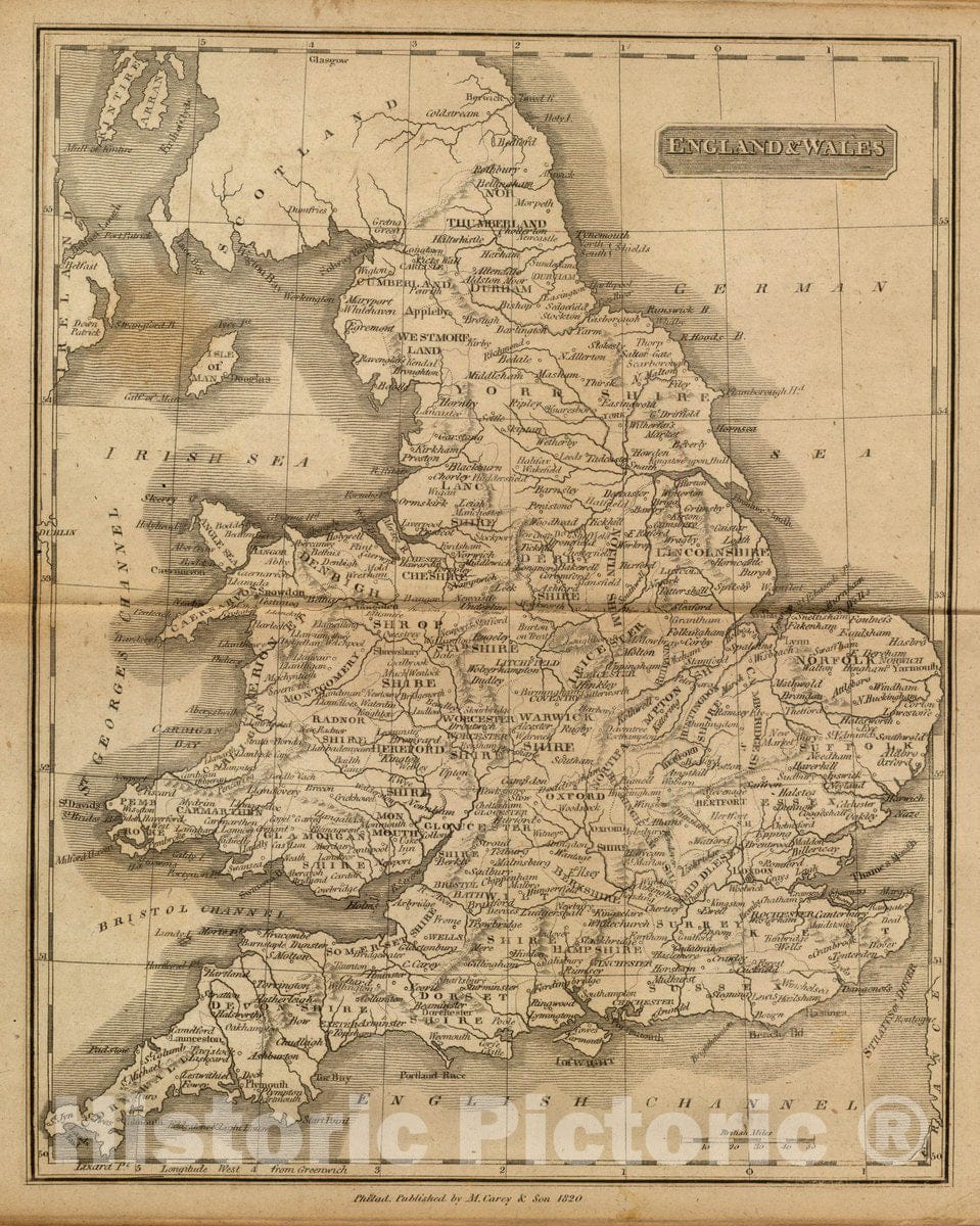 Historic Map : England & Wales. Philad, Published by M. Carey & Son, 1820. (1825), 1825 Atlas - Vintage Wall Art