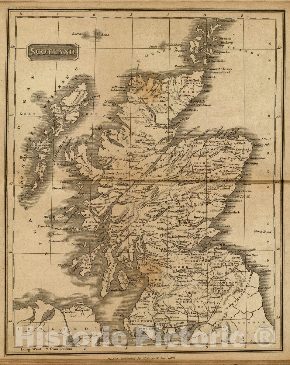 Historic Wall Map : Scotland. Philad, Published by M. Carey & Son, 1820. (1825), 1825 Atlas - Vintage Wall Art