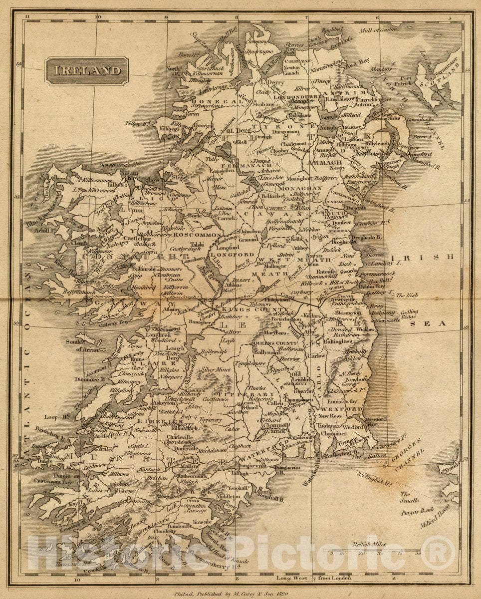 Historic Map : Ireland. Philad, Published by M. Carey & Son, 1820. (1825), 1825 Atlas - Vintage Wall Art