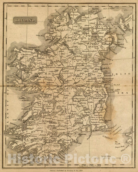 Historic Map : Ireland. Philad, Published by M. Carey & Son, 1820. (1825), 1825 Atlas - Vintage Wall Art