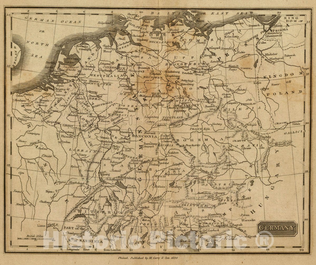 Historic Map : Germany. Philad, Published by M. Carey & Son, 1820. (1825), 1825 Atlas - Vintage Wall Art