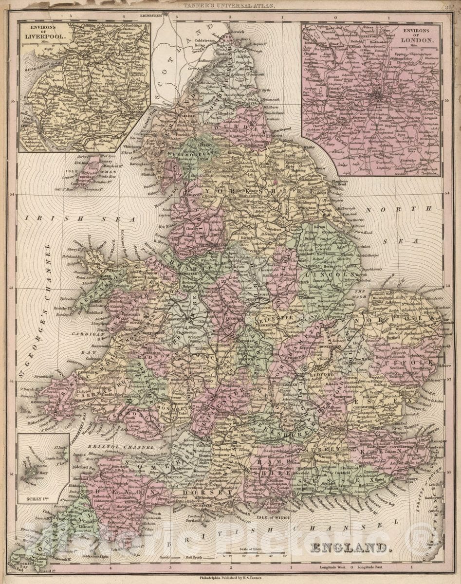 Historic Wall Map : England. (Insets) Environs of Liverpool. Environs of London. Scilly Ids, 1836 Atlas - Vintage Wall Art