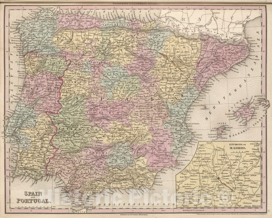 Historic Map : Spain and Portugal. (Inset) Environs of Madrid, 1836 Atlas - Vintage Wall Art