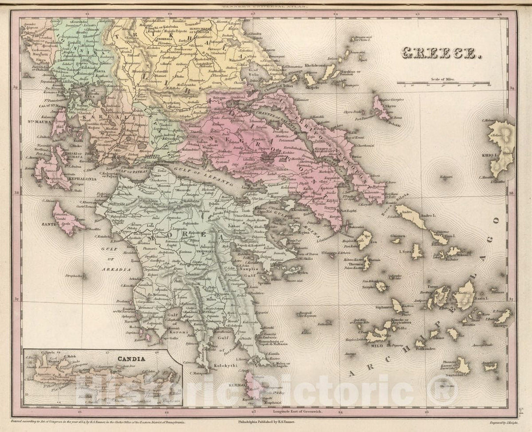 Historic Map : Greece. (Inset) Candia, 1836 Atlas - Vintage Wall Art