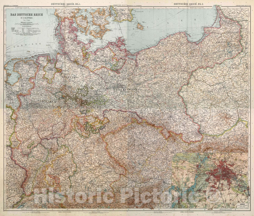 Historic Map : Czech Republic, Composite Map: Das Deutsche Reich in 4 Blaettern von C. Vogel, 1911 Atlas , Vintage Wall Art