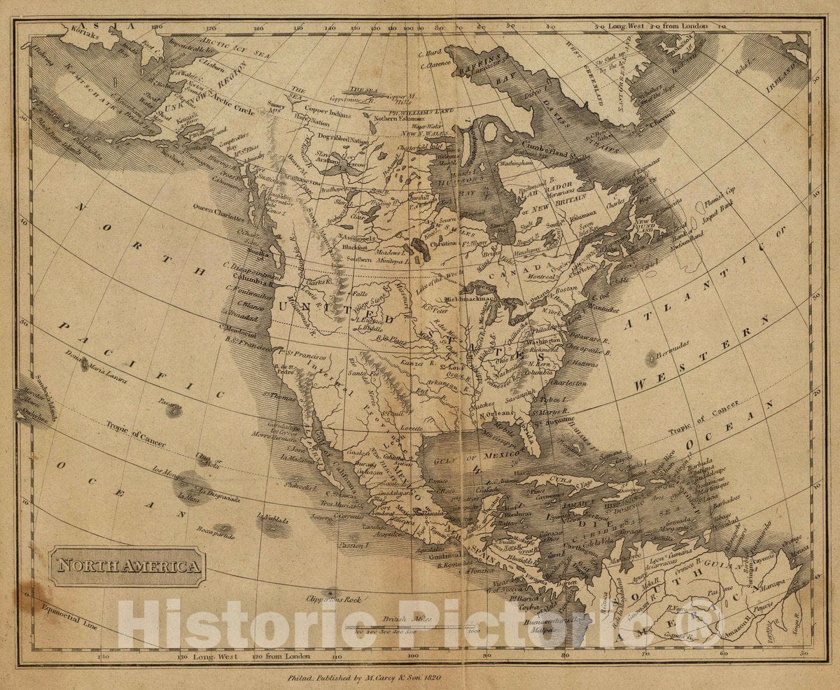 Historic Map : North America. Philad, Published by M. Carey & Son, 1820. (1825), 1825 Atlas - Vintage Wall Art