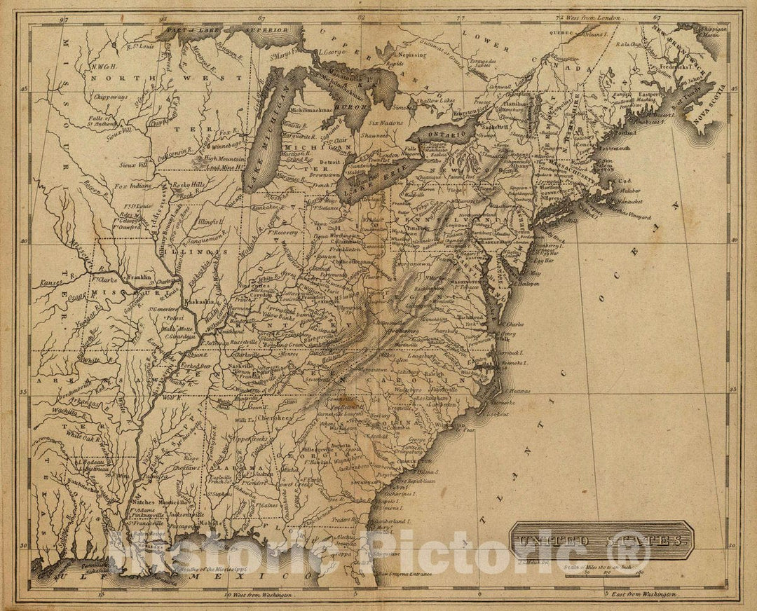 Historic Map : United States. J.G. Melish, del. (Philadelphia: Published by M. Carey & Son, 1825), 1825 Atlas - Vintage Wall Art