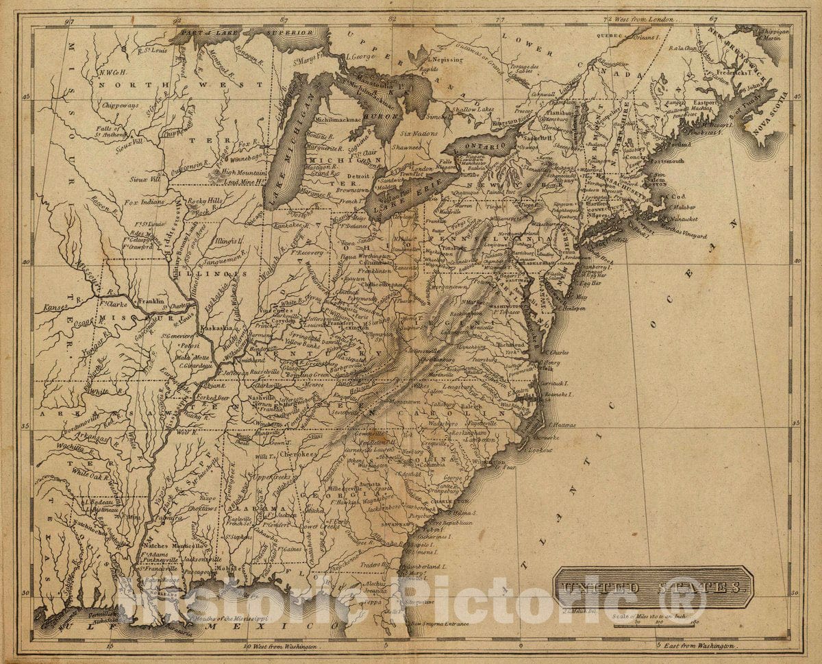 Historic Map : United States. J.G. Melish, del. (Philadelphia: Published by M. Carey & Son, 1825), 1825 Atlas - Vintage Wall Art