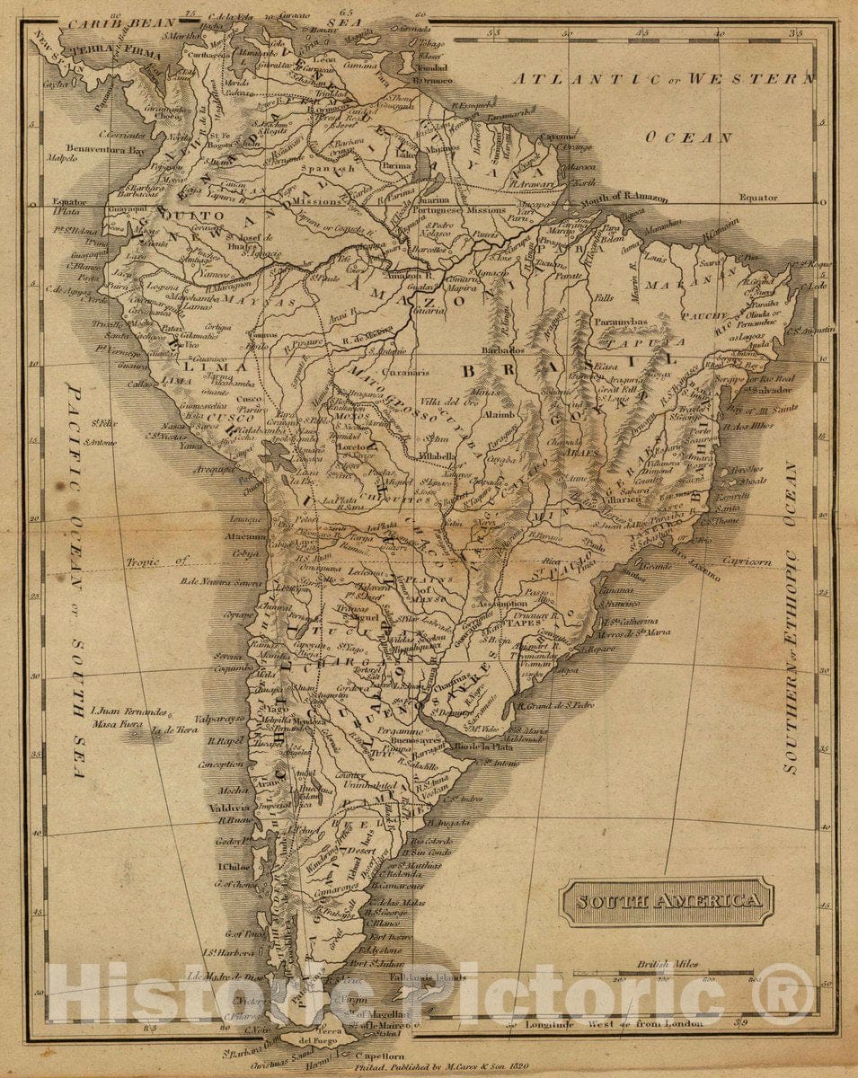 Historic Map : South America. Philad, Published by M. Carey & Son, 1820. (1825), 1825 Atlas - Vintage Wall Art