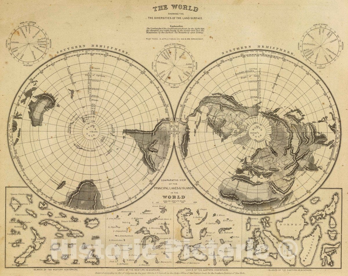 Historic Map : The World Showing The Diversities of The Land Surface. (with) Comparative View of The Principal Lakes & Islands in The World, 1864 Atlas - Vintage Wall Art