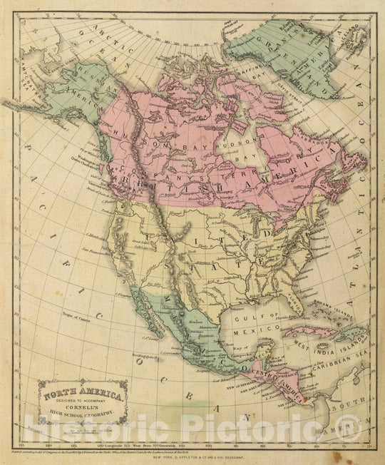 Historic Map : North America. Designed to accompany Cornell's High School Geography, 1864 Atlas - Vintage Wall Art