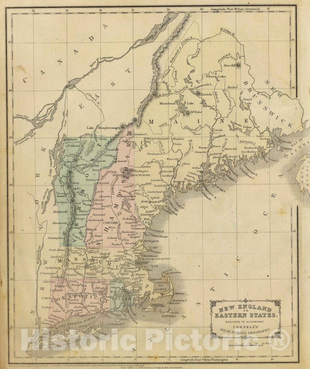 Historic Map : New England or Eastern States. Designed to accompany Cornell's High School Geography, 1864 Atlas - Vintage Wall Art