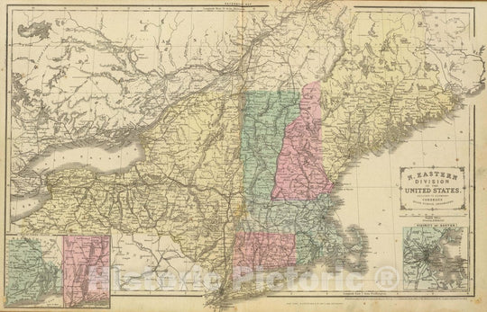 Historic Map : N. Eastern division of the United States. Map of Rhode Island, Central Connecticut. Vicinity of Boston. 1864 Drawn by E. Wells,- Vintage Wall Art