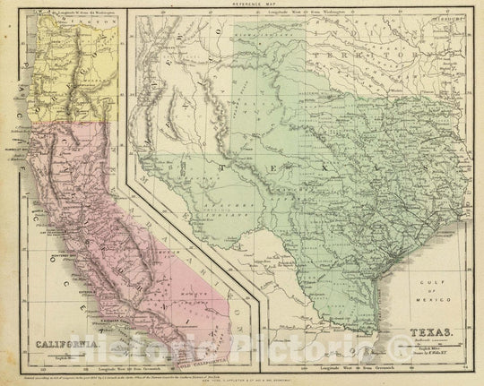 Historic Map : Texas. (with) California. Drawn by E. Wells, N.Y, 1864 Atlas - Vintage Wall Art