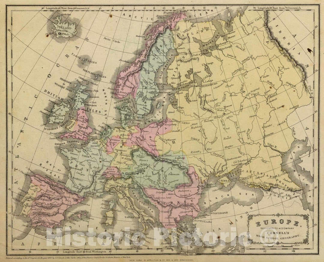 Historic Wall Map : Europe. Designed to accompany Cornell's High School Geography, 1864 Atlas - Vintage Wall Art