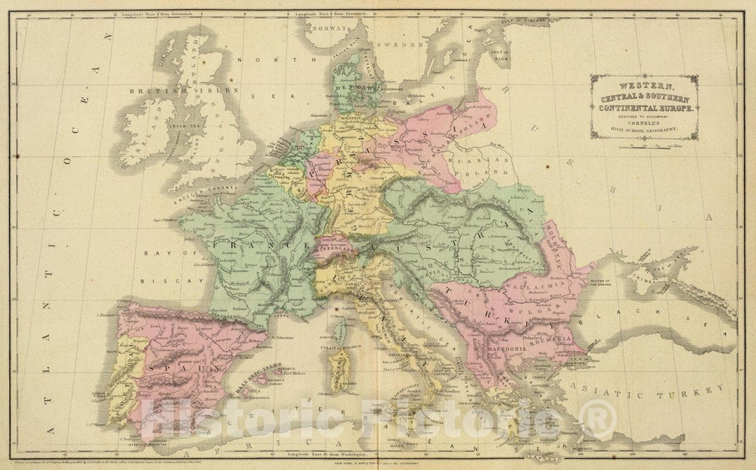 Historic Wall Map : 1864 School Atlas - Western, Central & Southern Continental Europe. Designed to accompany Cornell's High School Geography. - Vintage Wall Art