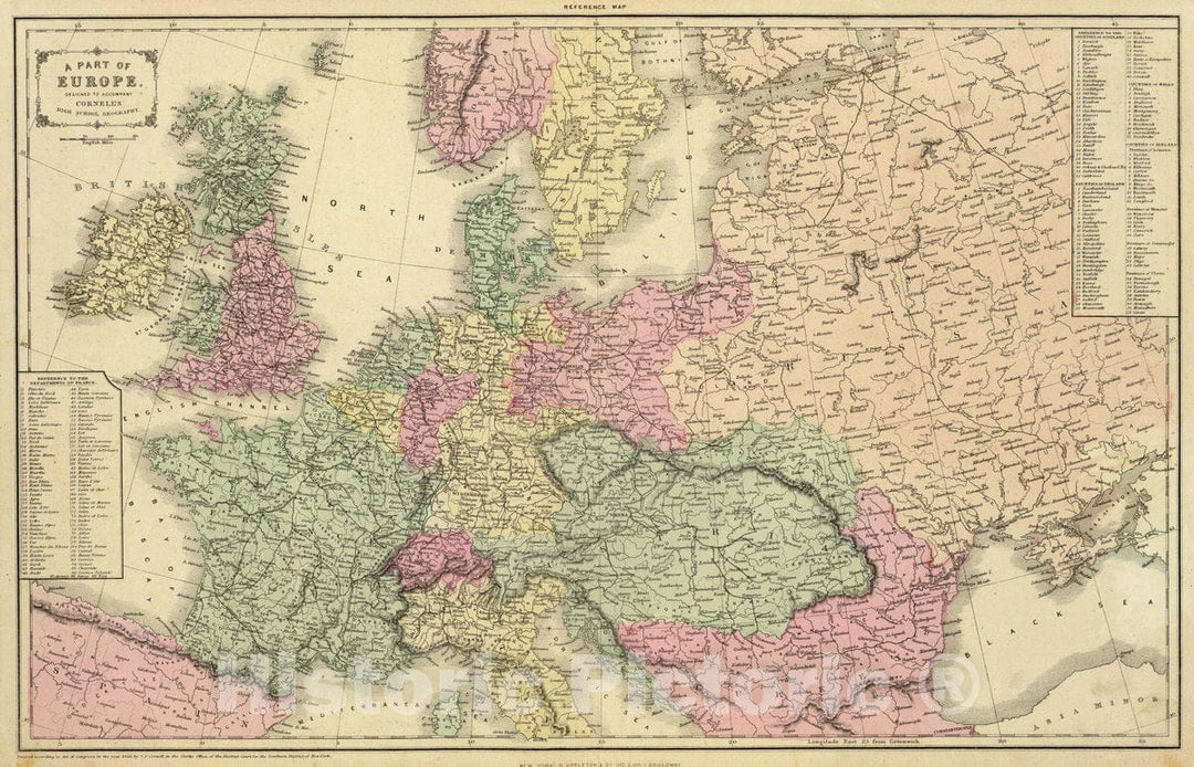 Historic Wall Map : 1864 School Atlas - A Part of Europe. Designed to accompany Cornell's High School Geography. - Vintage Wall Art