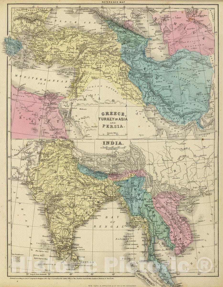 Historic Map : Greece, Turkey, Persia, India, 1864 Atlas - Vintage Wall Art