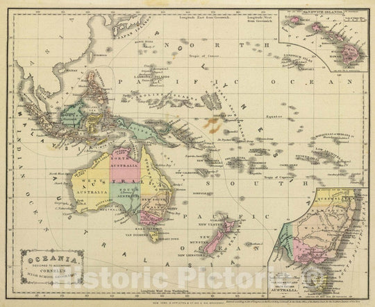 Historic Map : Oceania. Designed to accompany Cornell's High school geography. (with) Sandwich Islands. (with) Van Diemens Land and south eastern Australia, 1864 - Vintage Wall Art