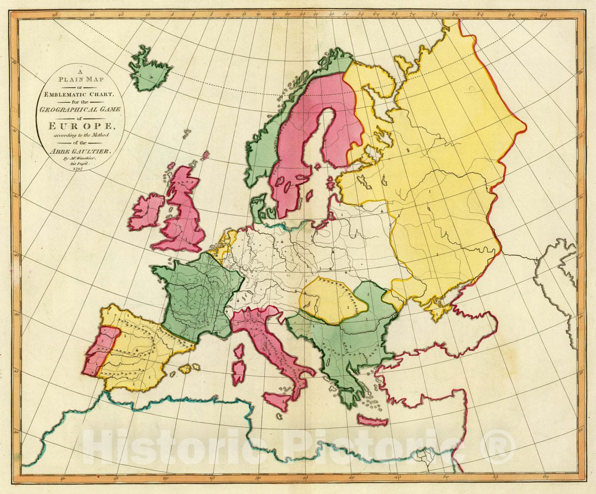 Historic Map : A Plain map or emblematic Chart for The Geographical Game of Europe, According to The Method of The Abbe Gaultier, 1797, 1797 Atlas - Vintage Wall Art