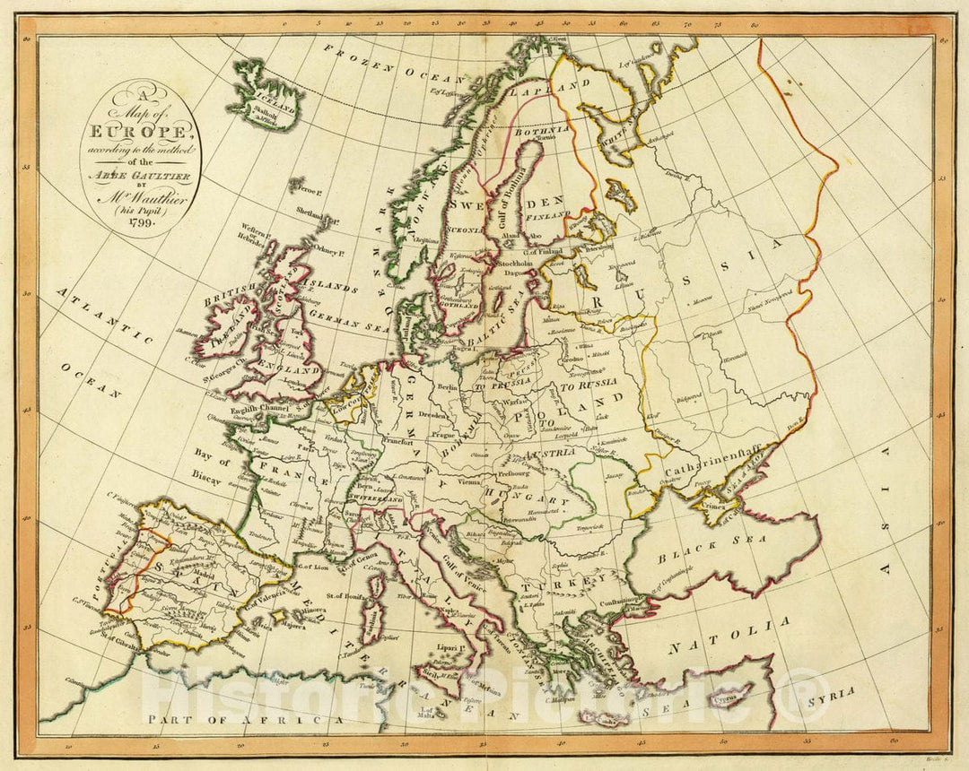 Historic Map : Europe, According to The Method of The Abbe Gaultier by Mr. Wauthier, his Pupil, 1799. Hewitt sc, 1799 Atlas - Vintage Wall Art