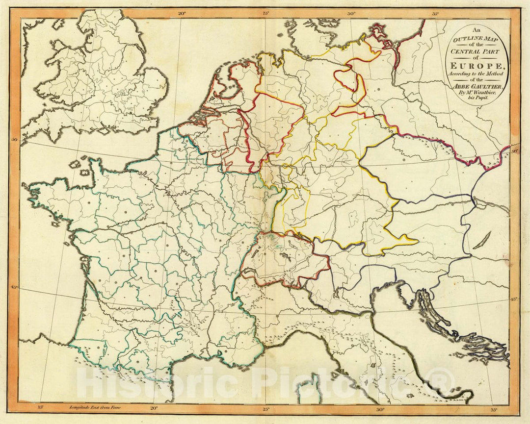 Historic Map : an Outline map of The Central Part of Europe, According to The Method of The Abbe Gaultier, by Mr. Wauthier, his Pupil. (1821), 1821 Atlas - Vintage Wall Art