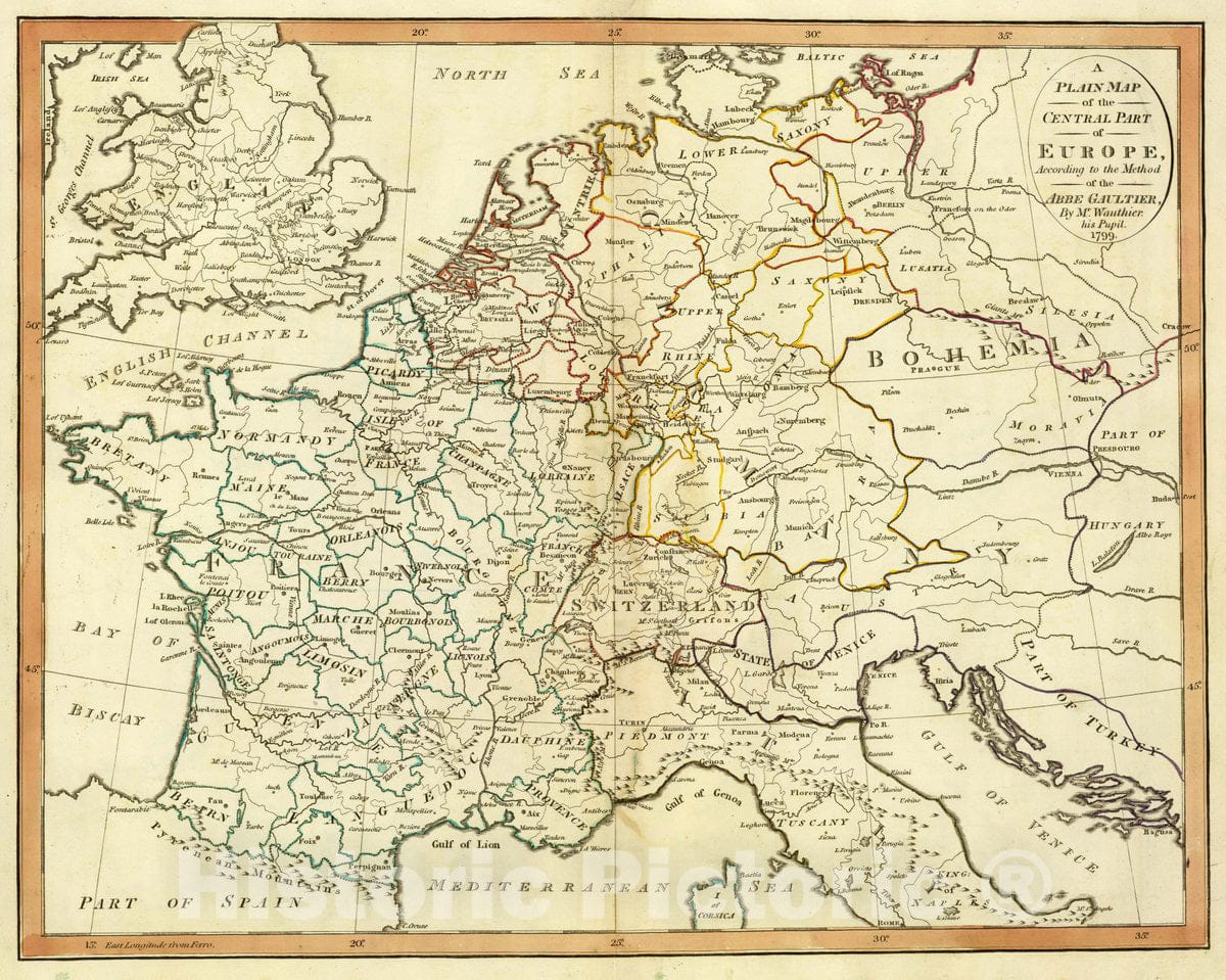 Historic Map : A Plain map of The Central Part of Europe, According to The Method of The Abbe Gaultier, by Mr. Wauthier, his Pupil. 1799, 1799 Atlas - Vintage Wall Art