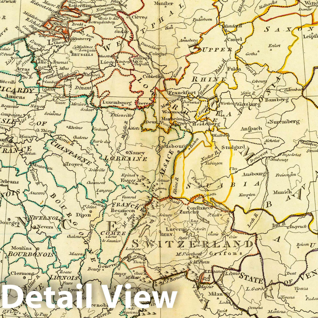 Historic Map : A Plain map of The Central Part of Europe, According to The Method of The Abbe Gaultier, by Mr. Wauthier, his Pupil. 1799, 1799 Atlas - Vintage Wall Art