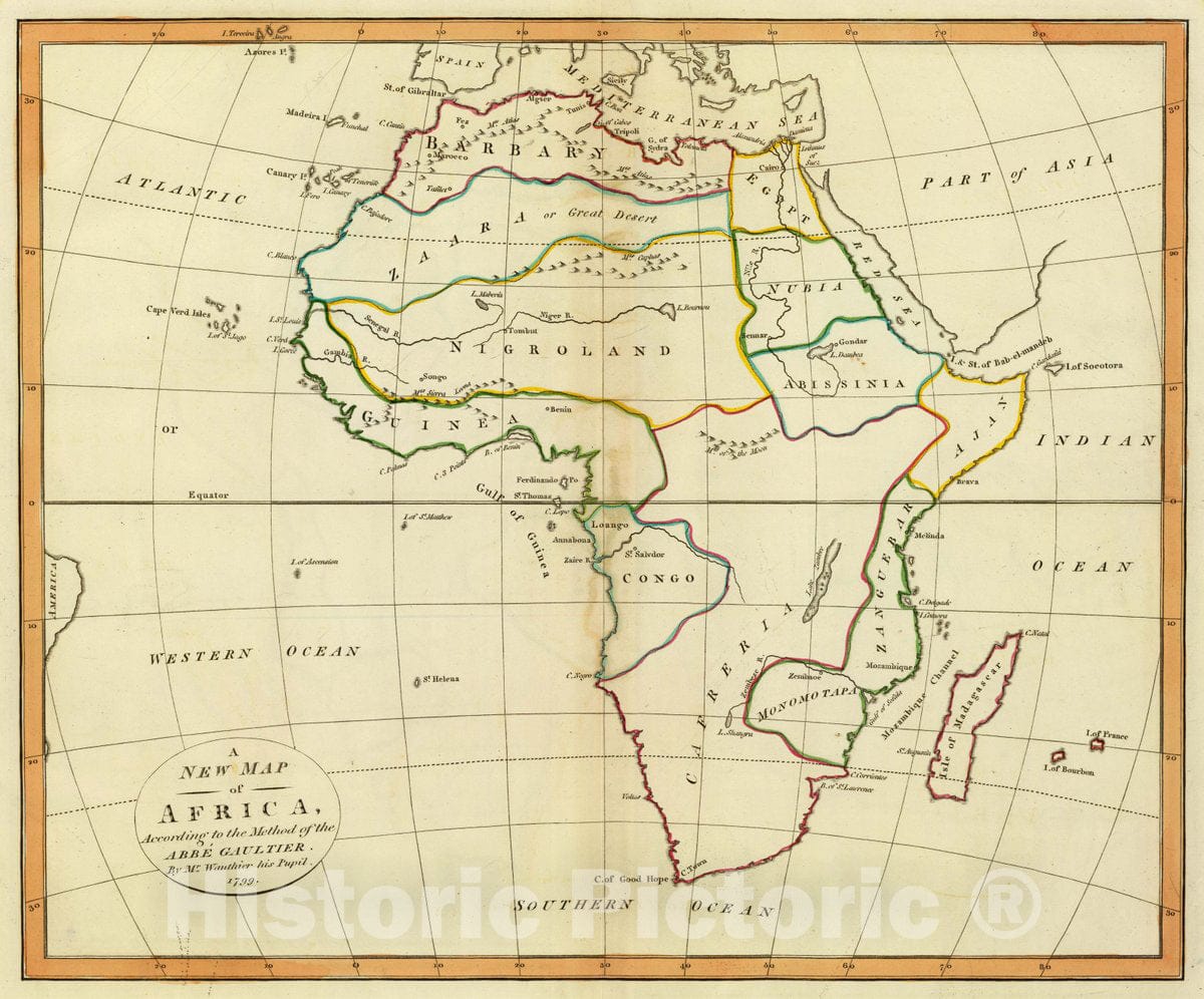 Historic Map : A New map of Africa, According to The Method of The Abbe Gaultier. by Mr. Wauthier, his Pupil. 1799, 1799 Atlas - Vintage Wall Art