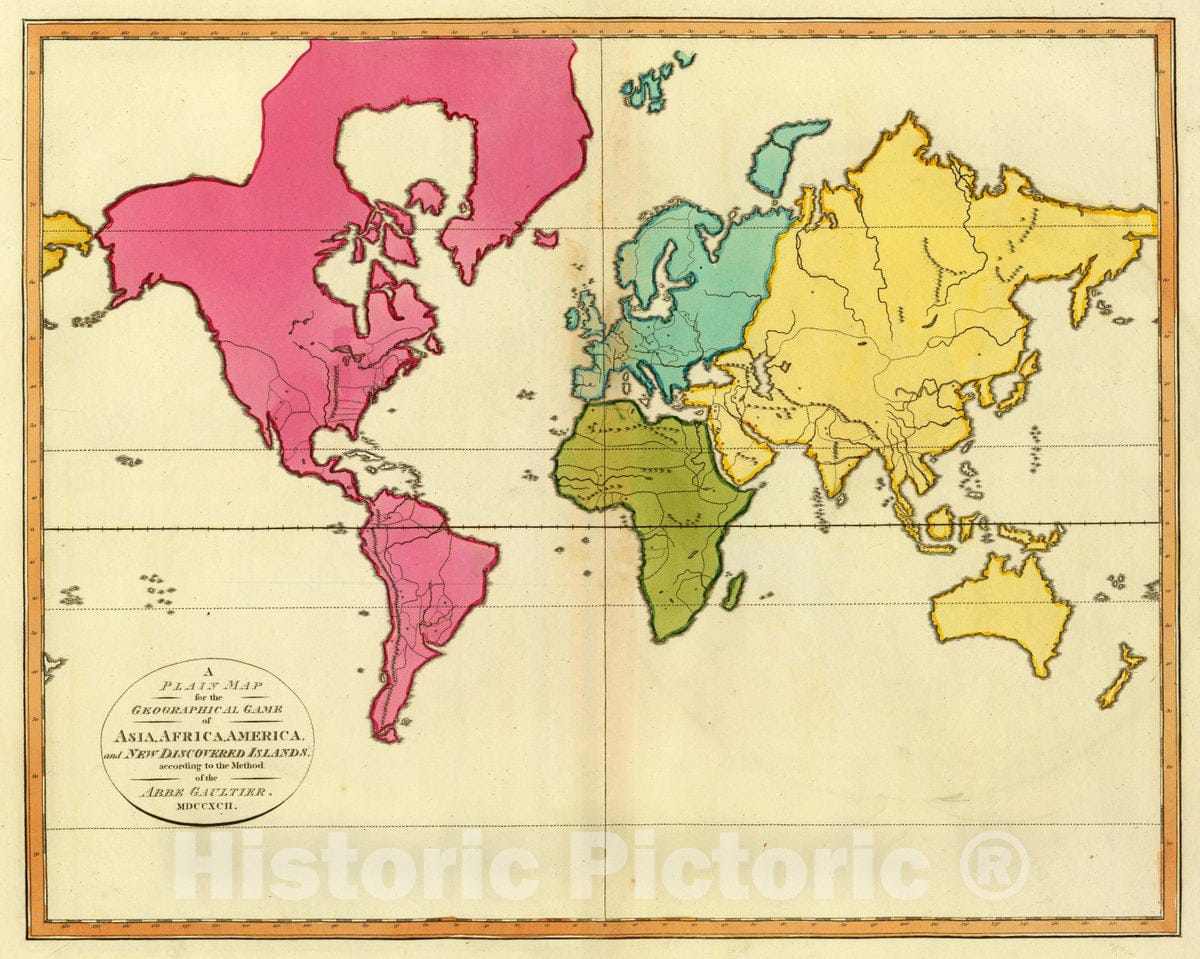 Historic Wall Map : A plain map for the geographical game of Asia, Africa, America, and newly discovered islands, according to the method of the Abbe Gaultier. MDCCXCII, 1792Vintage Wall Art