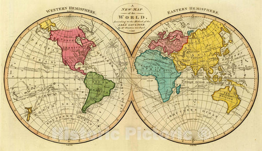 Historic Map : 1799 School Atlas - A New map of The World, According to The Method of The Abbe Gaultier. by Mr. Wauthier, his Pupil. 1799. - Vintage Wall Art