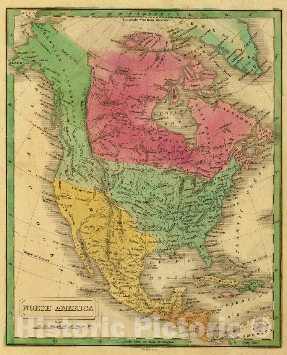 Historic Map : North America. J.H. Young Sc. (Philadelphia: John Grigg, No. 9 North Fourth Street. 1830), 1830 Atlas - Vintage Wall Art