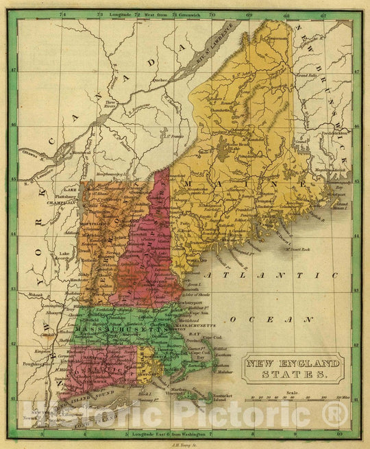 Historic Wall Map : New England States. J.H. Young Sc. (Philadelphia: John Grigg, No. 9 North Fourth Street. 1830), 1830 Atlas - Vintage Wall Art