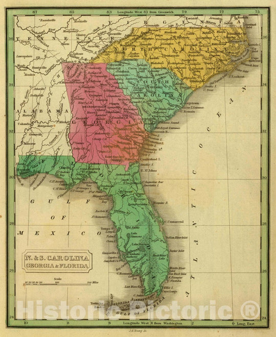 Historic Map : N. & S. Carolina, Georgia & Florida. J.H. Young Sc. (Philadelphia: John Grigg, No. 9 North Fourth Street. 1830), 1830 Atlas - Vintage Wall Art